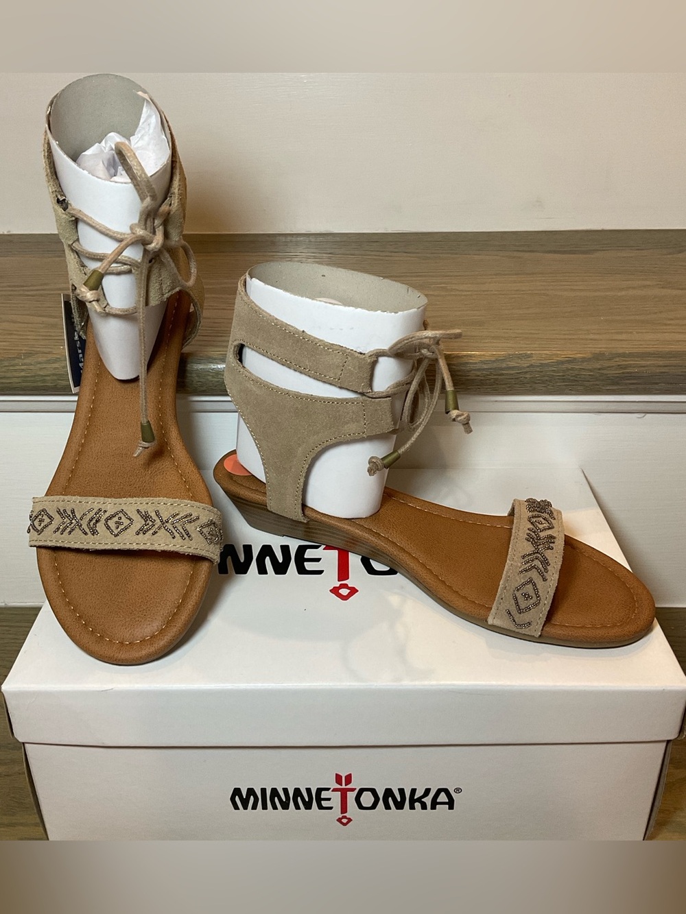 Minnetonka Taupe Suede Embroidered Lace-Up Ankle Sandal (7) - Picture 9 of 12